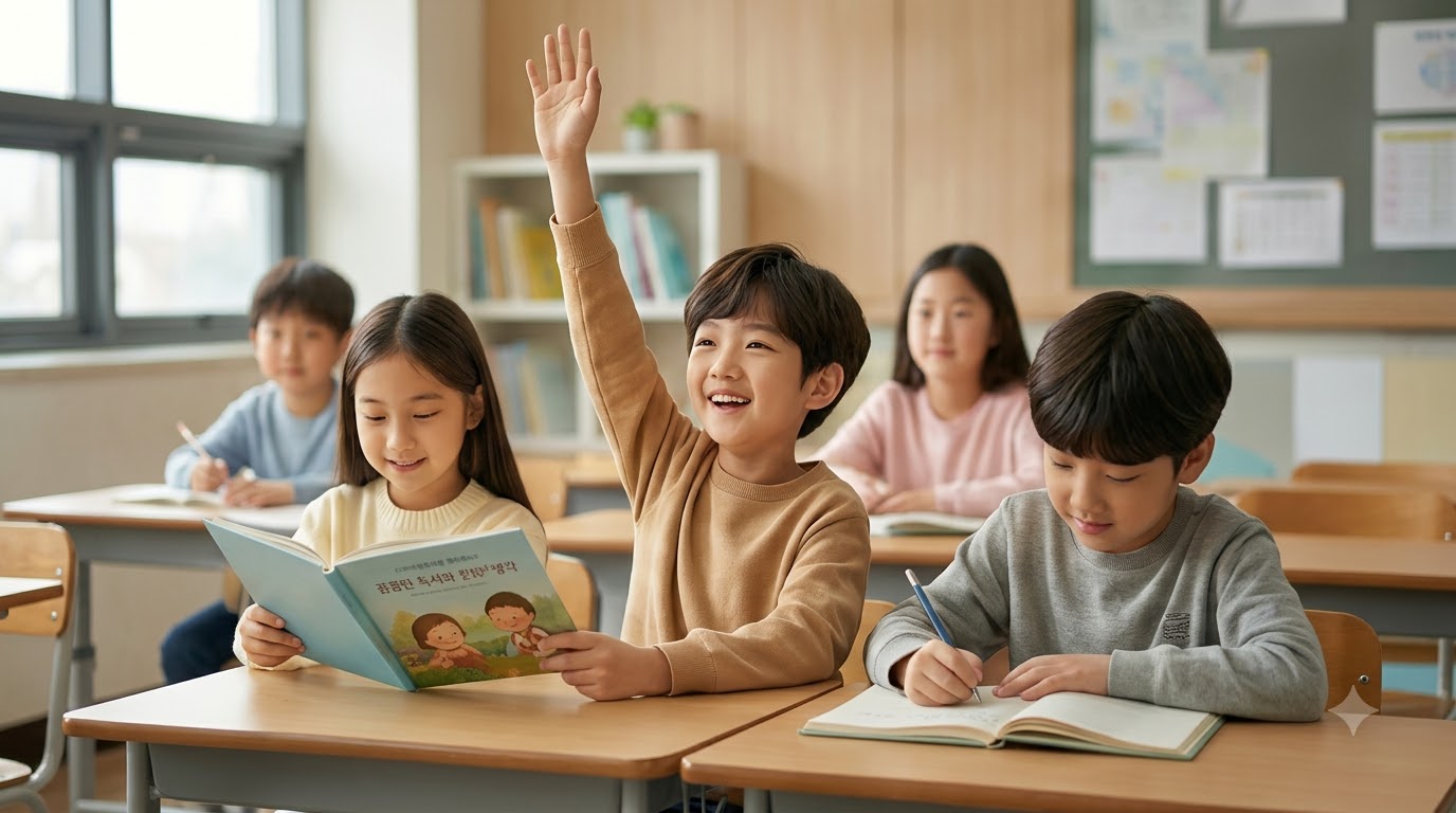 발표하며 손을 든 초등학생